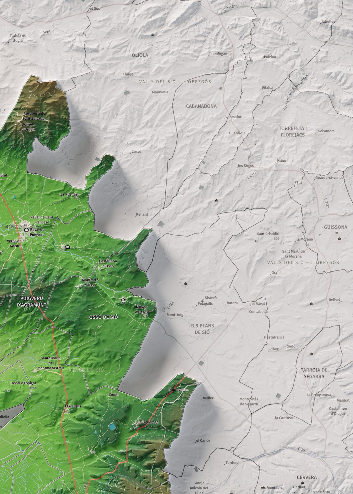 Mapa de relleu de l’Urgell, amb el territori en color i l’entorn en blanc. Detall de la part superior dreta. 50 × 70 cm. Estil Clàssic.
