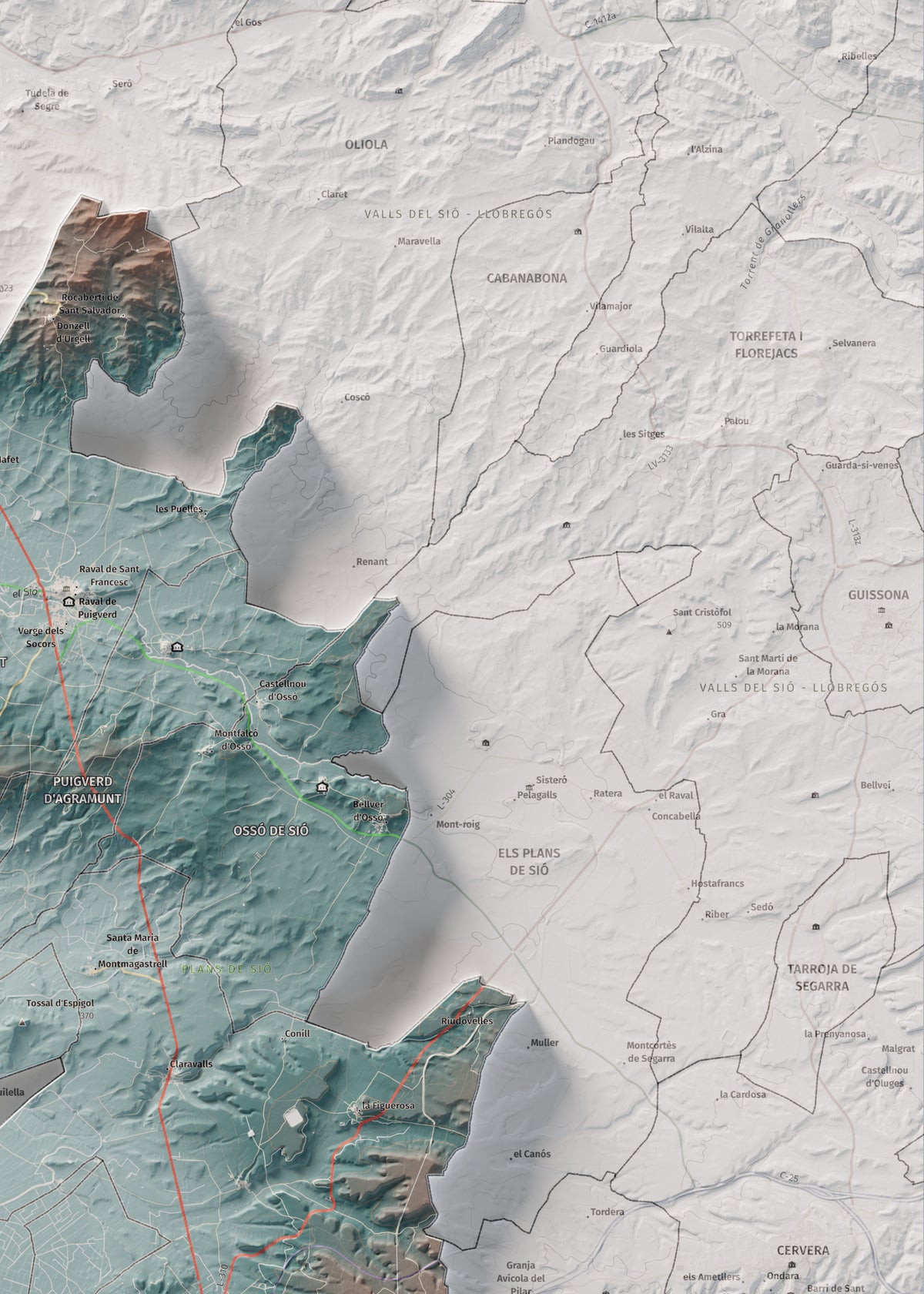 Mapa de relleu de l’Urgell, amb el territori en color i l’entorn en blanc. Detall de la part superior dreta. 50 × 70 cm. Estil Blau i taronja.