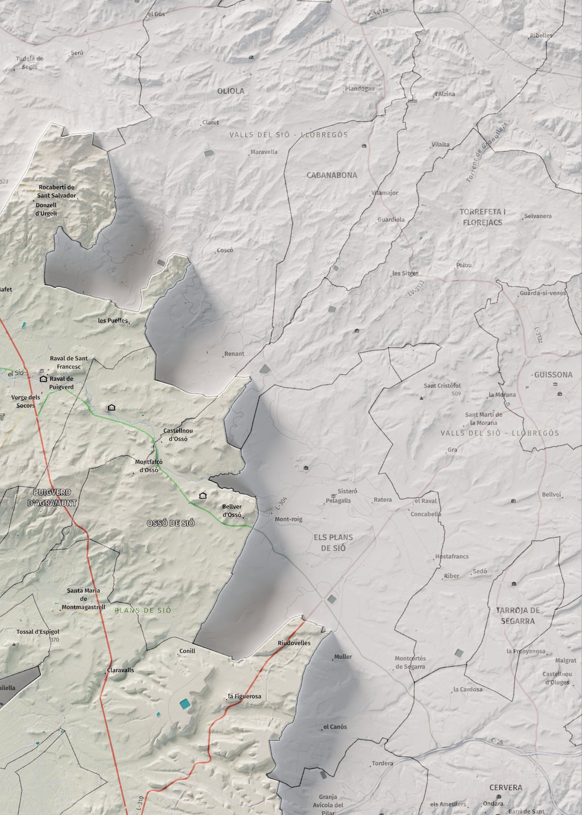 Mapa de relleu de l’Urgell, amb el territori en color i l’entorn en blanc. Detall de la part superior dreta. 50 × 70 cm. Estil Cartogràfic.