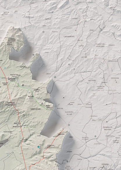 Mapa de relleu de l’Urgell, amb el territori en color i l’entorn en blanc. Detall de la part superior dreta. 50 × 70 cm. Estil Cartogràfic.
