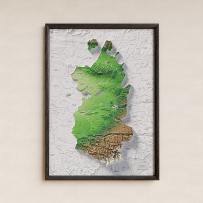 Mapa de relleu de l’Urgell, amb el territori en color i l’entorn en blanc. Presentació amb marc. 50 × 70 cm. Estil Clàssic.