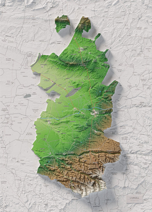 Mapa de relieve del Urgell, con el territorio en color y el entorno en blanco. Vista completa de la lámina. 50 × 70 cm. Estilo Clásico.