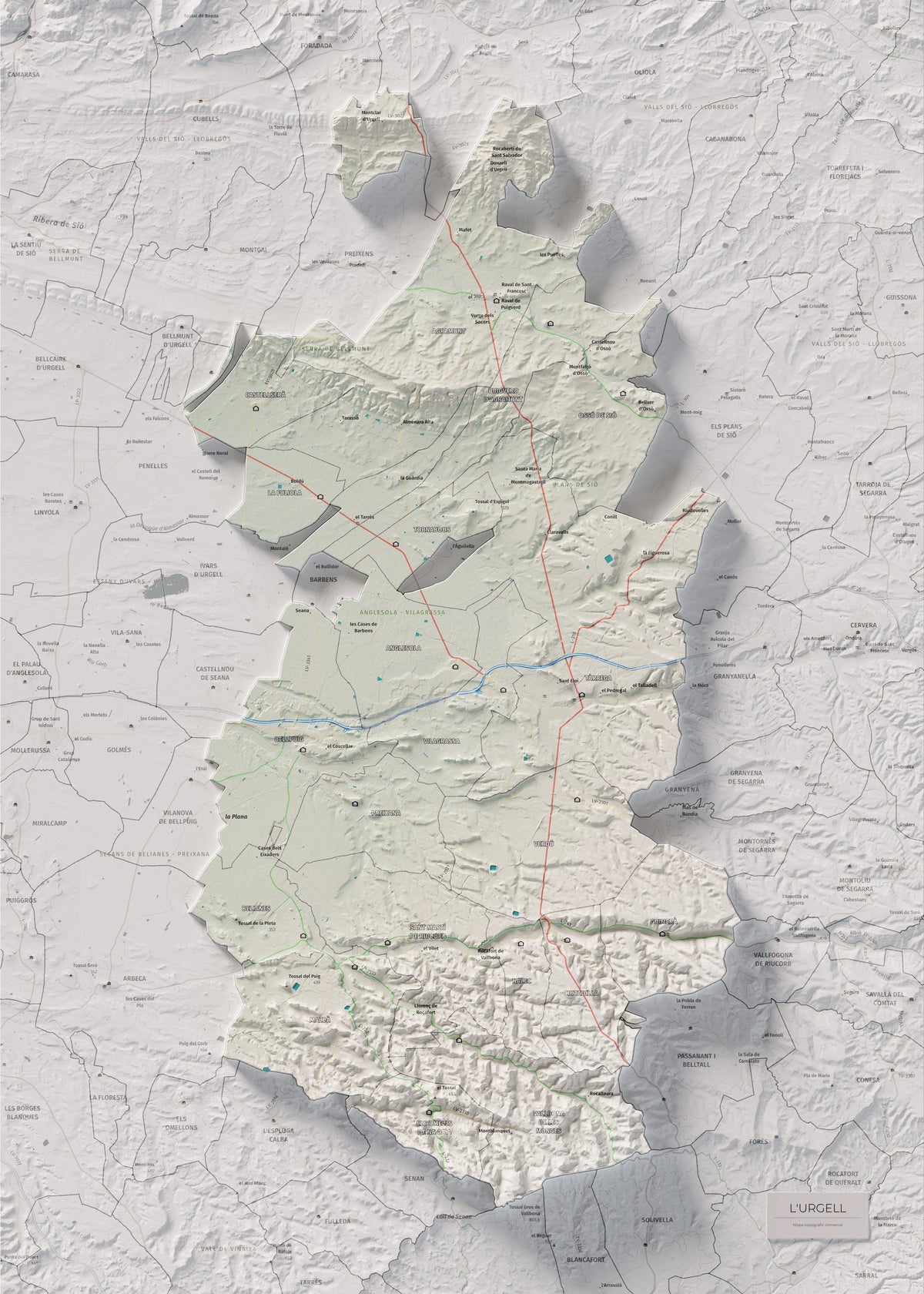 Mapa de relleu de l’Urgell, amb el territori en color i l’entorn en blanc. Vista completa de la làmina. 50 × 70 cm. Estil Cartogràfic.