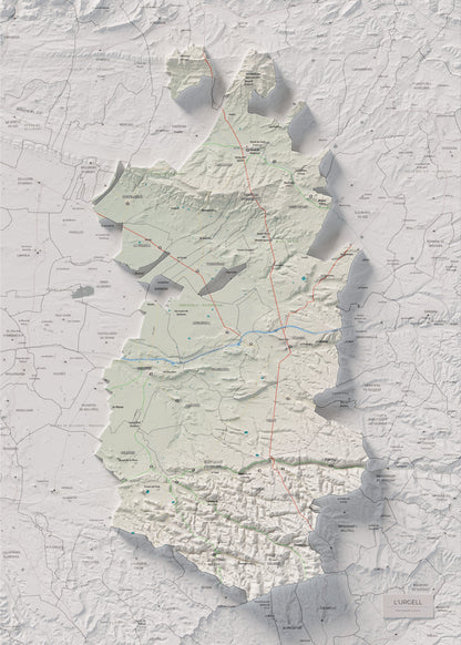 Mapa de relleu de l’Urgell, amb el territori en color i l’entorn en blanc. Vista completa de la làmina. 50 × 70 cm. Estil Cartogràfic.