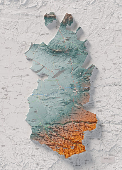 Mapa de relleu de l’Urgell, amb el territori en color i l’entorn en blanc. Vista completa de la làmina. 50 × 70 cm. Estil Blau i taronja.