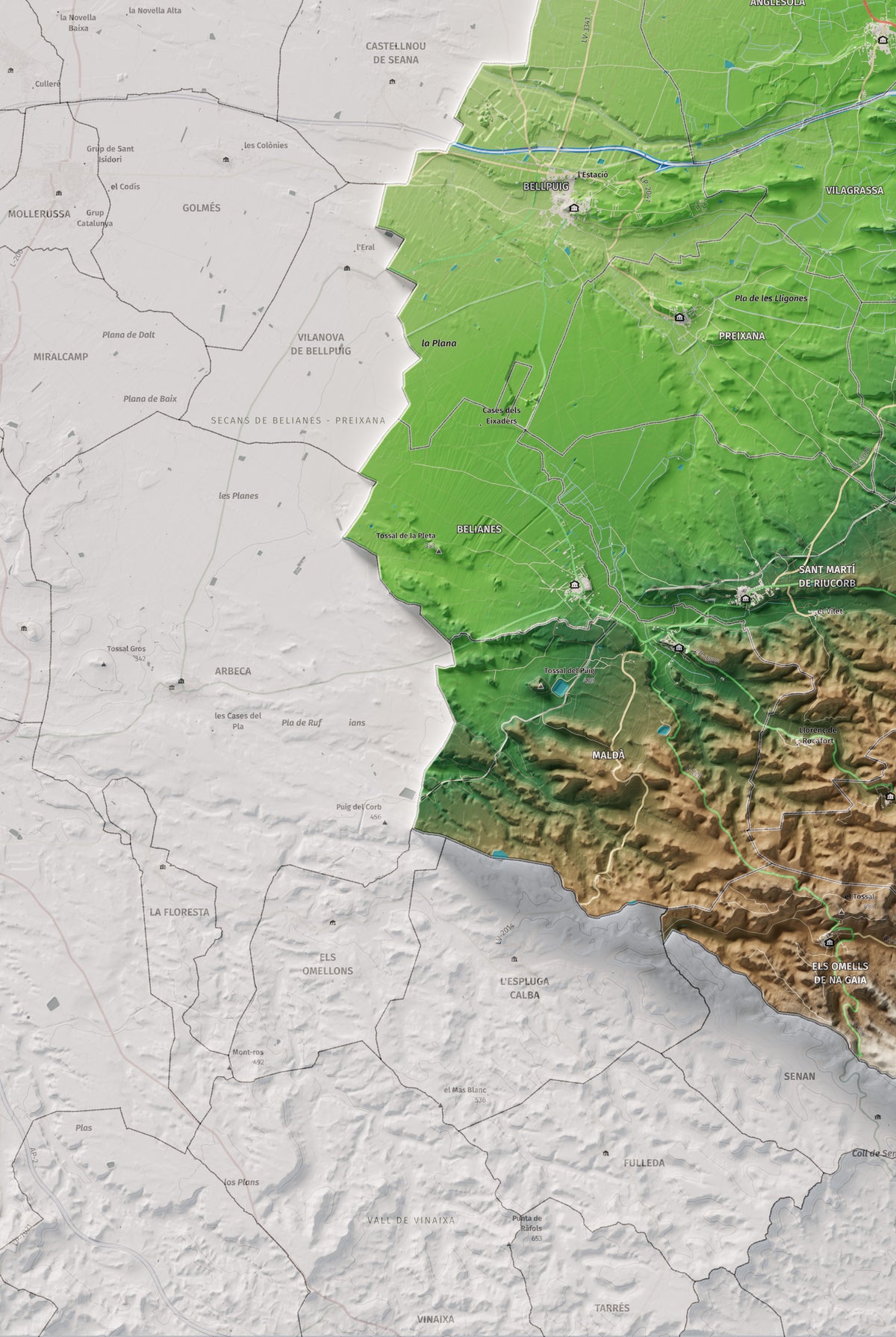 Mapa de relleu de l’Urgell, amb el territori en color i l’entorn en blanc. Detall de la part inferior esquerra. 61 × 91 cm. Estil Clàssic.