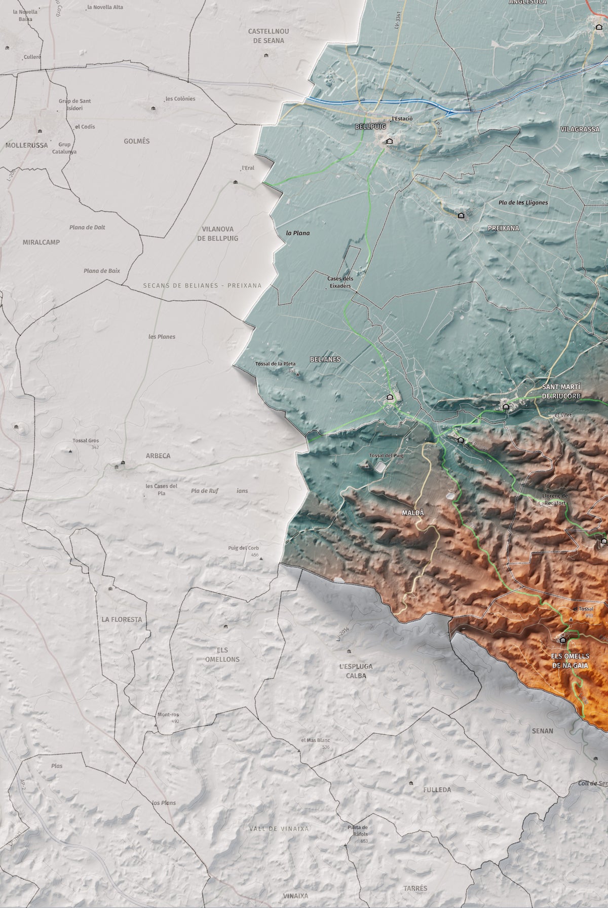 Mapa de relleu de l’Urgell, amb el territori en color i l’entorn en blanc. Detall de la part inferior esquerra. 61 × 91 cm. Estil Blau i taronja.