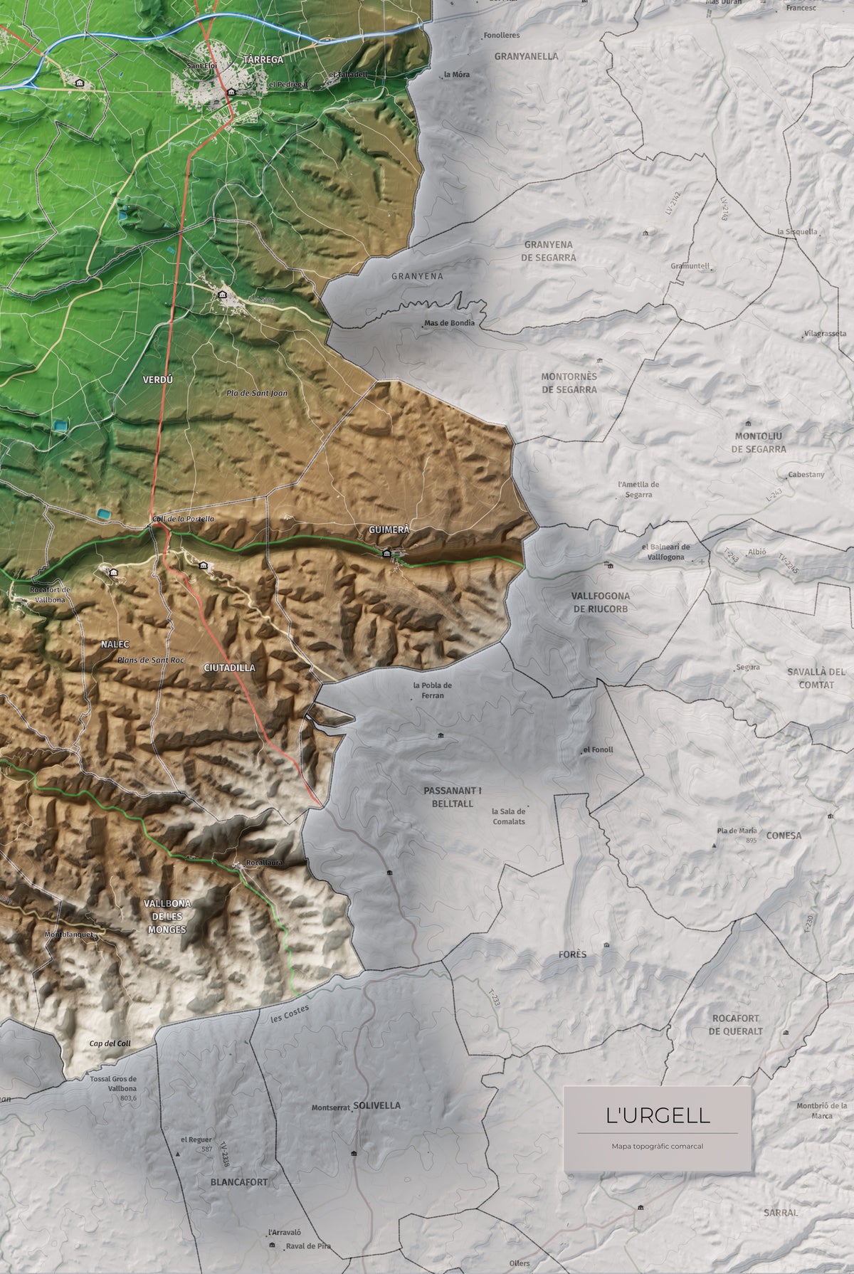 Mapa de relleu de l’Urgell, amb el territori en color i l’entorn en blanc. Detall de la part inferior dreta. 61 × 91 cm. Estil Clàssic.