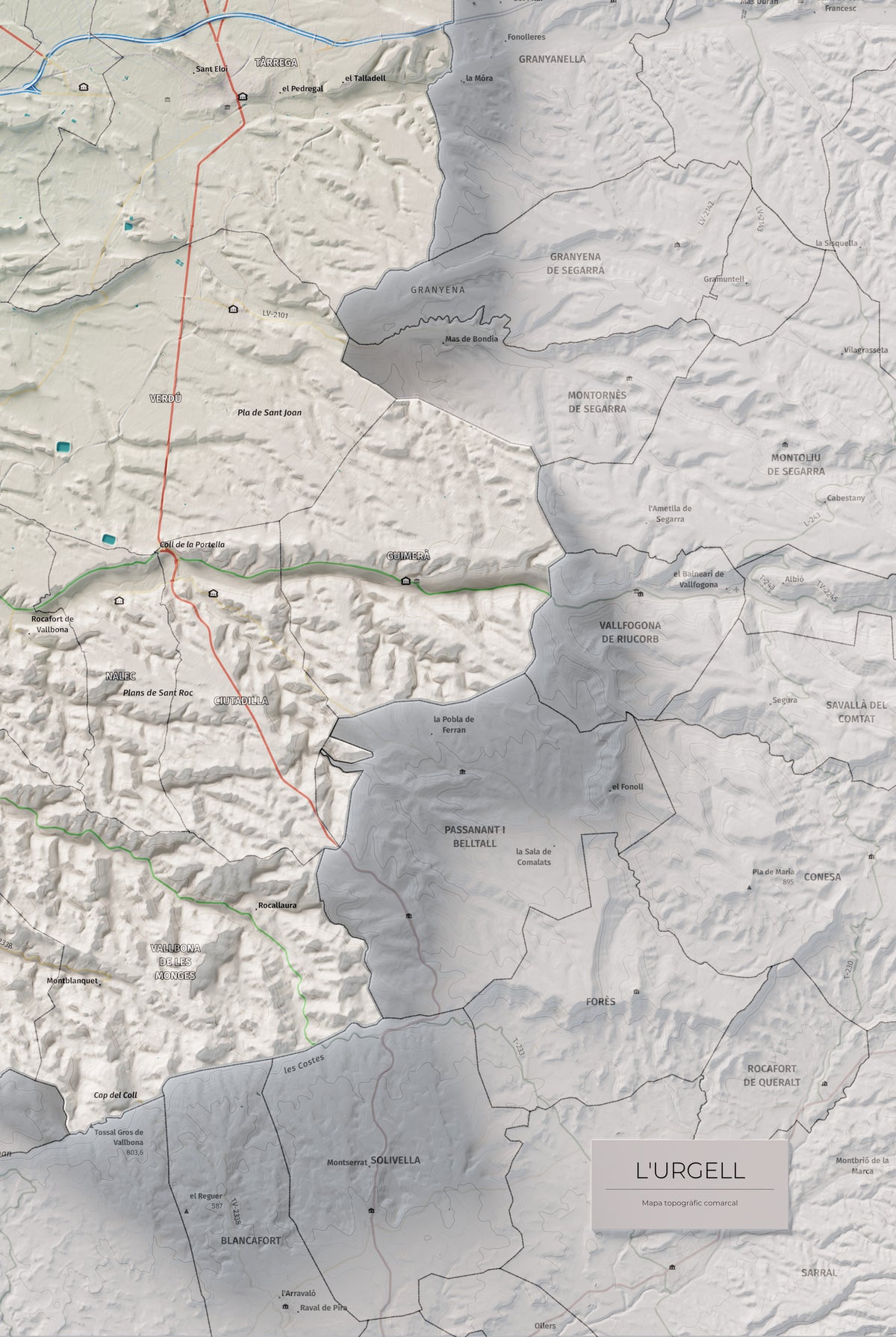 Mapa de relleu de l’Urgell, amb el territori en color i l’entorn en blanc. Detall de la part inferior dreta. 61 × 91 cm. Estil Cartogràfic.