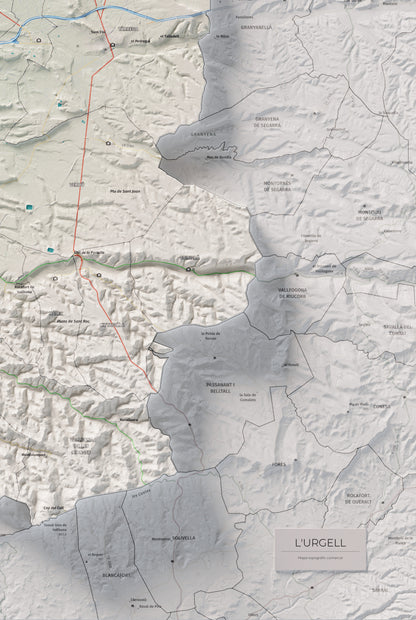 Mapa de relleu de l’Urgell, amb el territori en color i l’entorn en blanc. Detall de la part inferior dreta. 61 × 91 cm. Estil Cartogràfic.