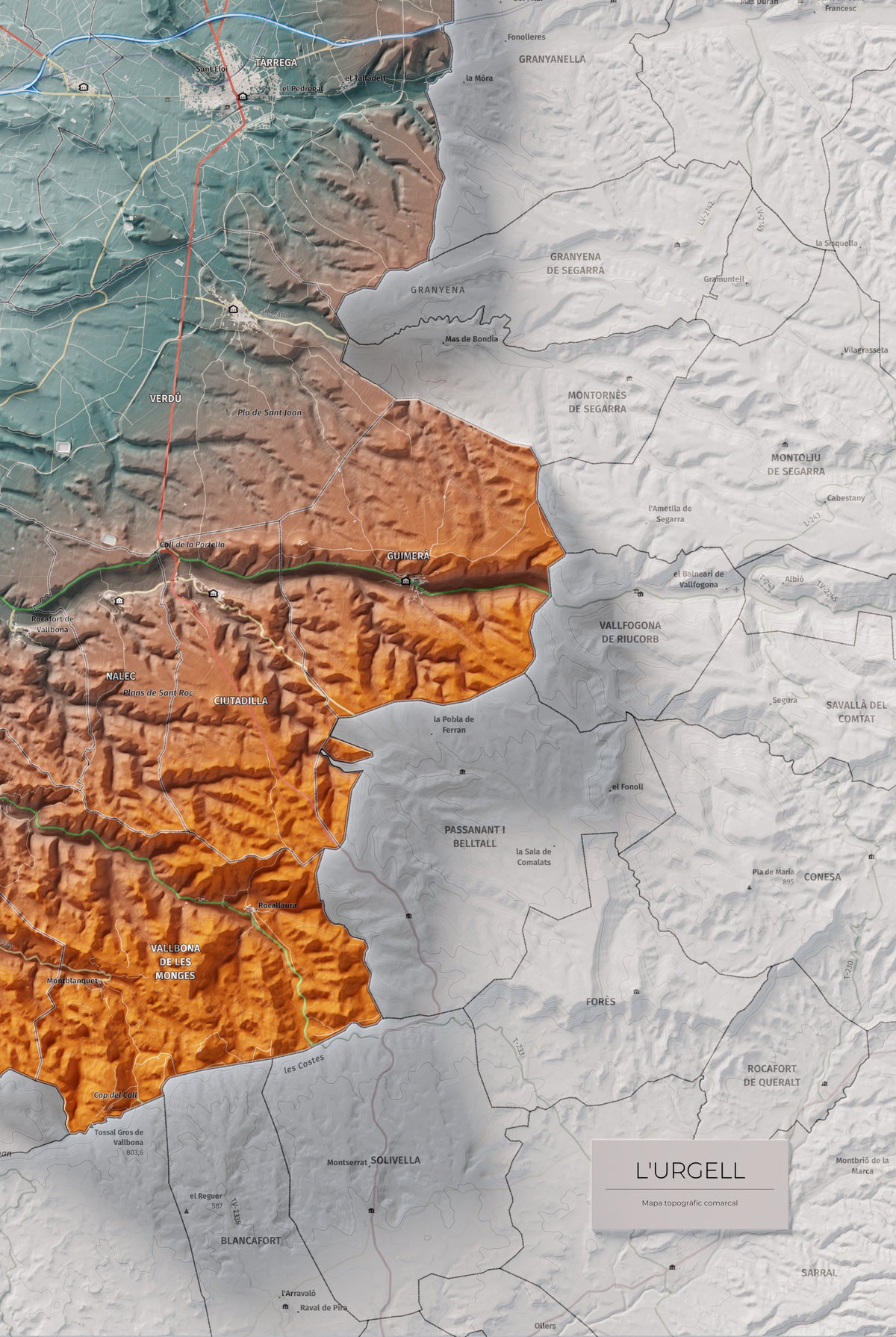 Mapa de relleu de l’Urgell, amb el territori en color i l’entorn en blanc. Detall de la part inferior dreta. 61 × 91 cm. Estil Blau i taronja.