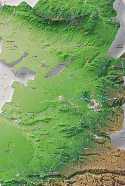 Mapa de relleu de l’Urgell, amb el territori en color i l’entorn en blanc. Detall de la part central. 61 × 91 cm. Estil Clàssic.