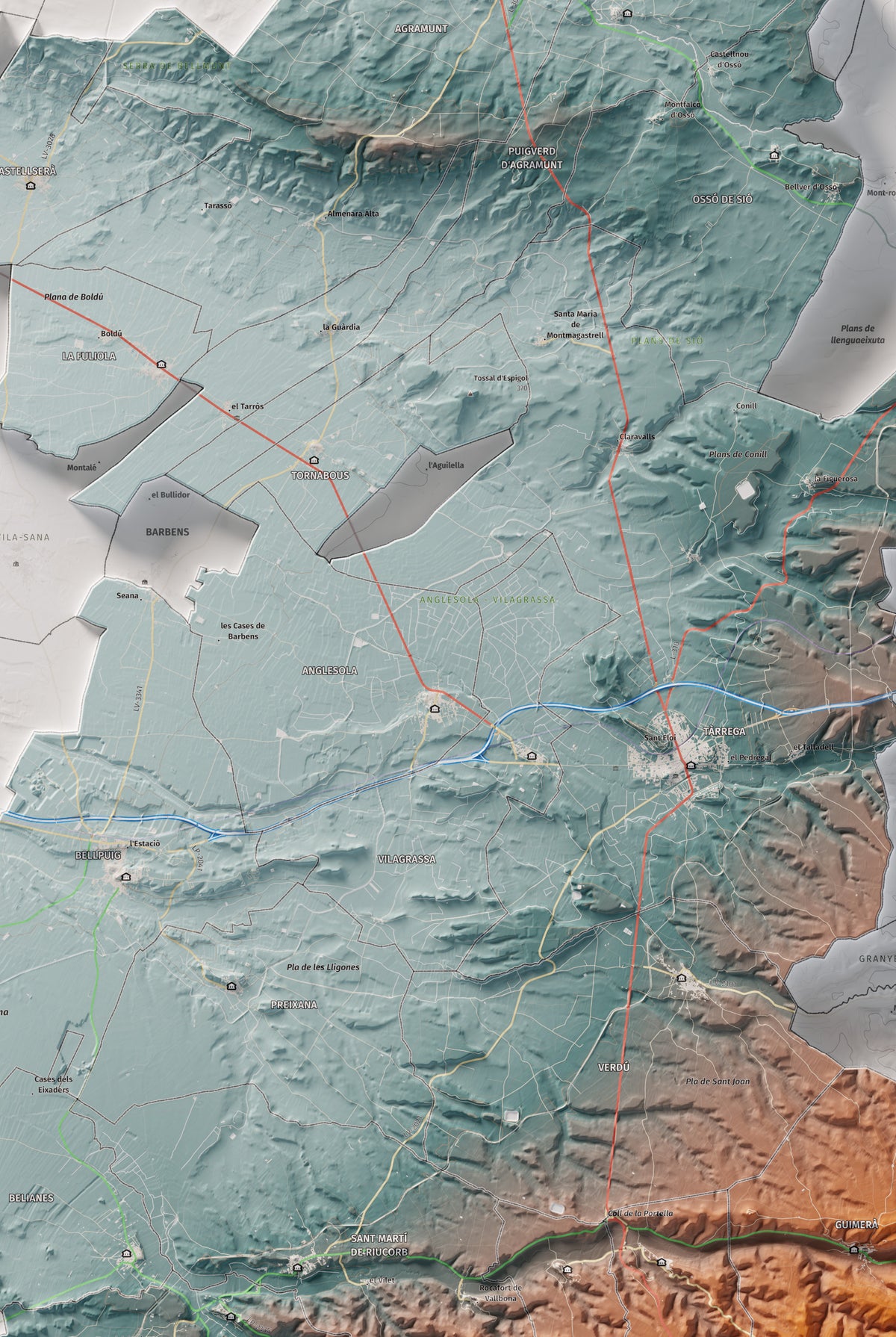 Mapa de relleu de l’Urgell, amb el territori en color i l’entorn en blanc. Detall de la part central. 61 × 91 cm. Estil Blau i taronja.