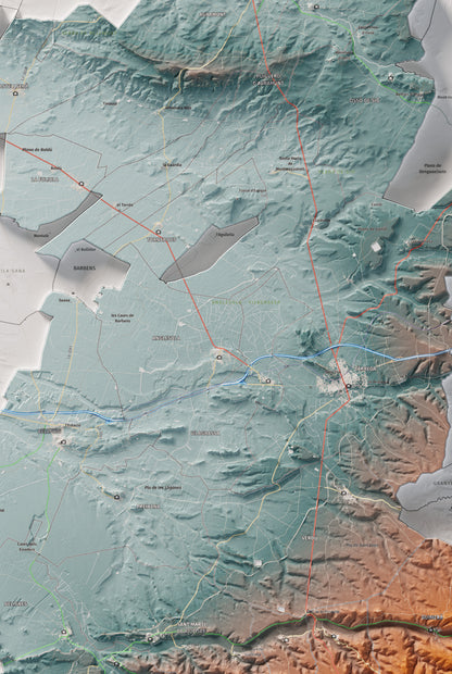 Mapa de relleu de l’Urgell, amb el territori en color i l’entorn en blanc. Detall de la part central. 61 × 91 cm. Estil Blau i taronja.