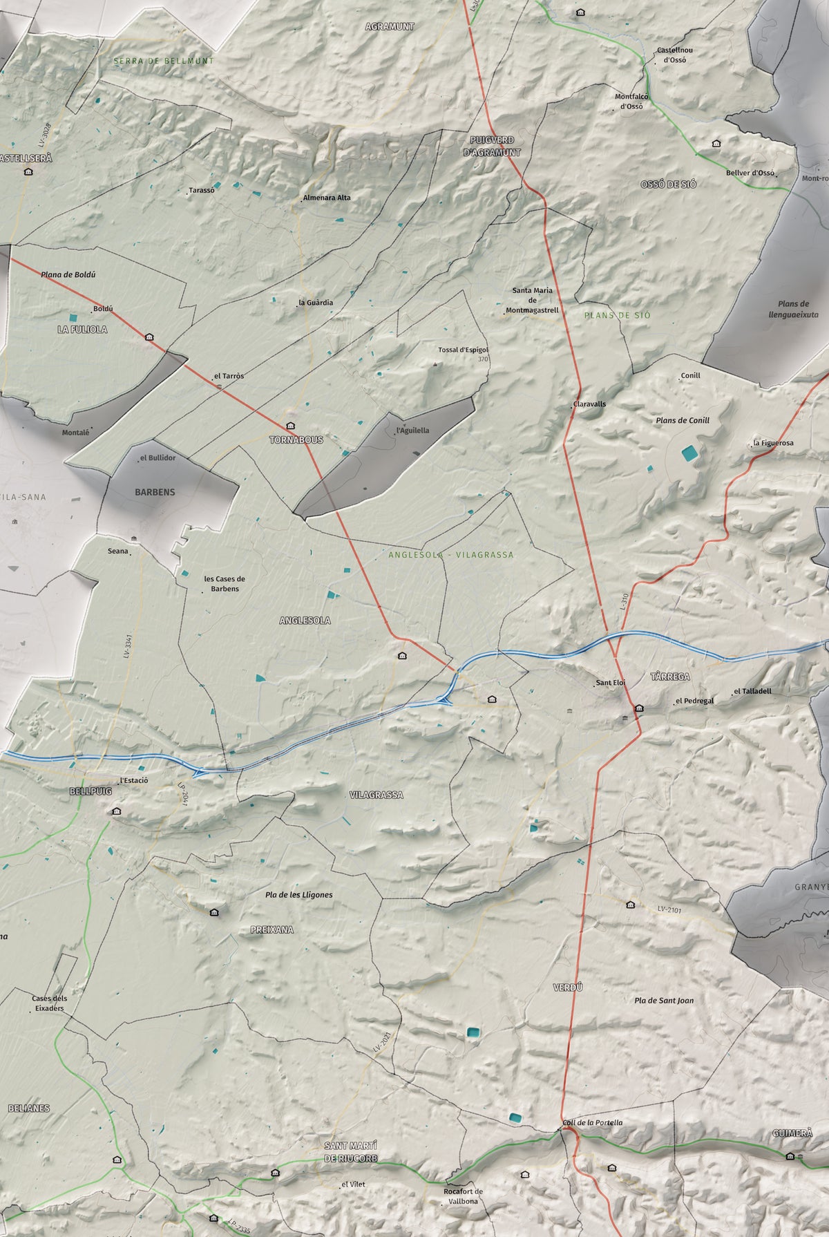 Mapa de relleu de l’Urgell, amb el territori en color i l’entorn en blanc. Detall de la part central. 61 × 91 cm. Estil Cartogràfic.
