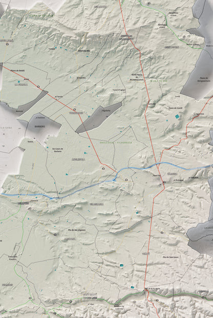 Mapa de relleu de l’Urgell, amb el territori en color i l’entorn en blanc. Detall de la part central. 61 × 91 cm. Estil Cartogràfic.