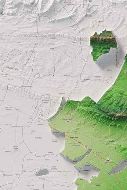 Mapa de relleu de l’Urgell, amb el territori en color i l’entorn en blanc. Detall de la part superior esquerra. 61 × 91 cm. Estil Clàssic.