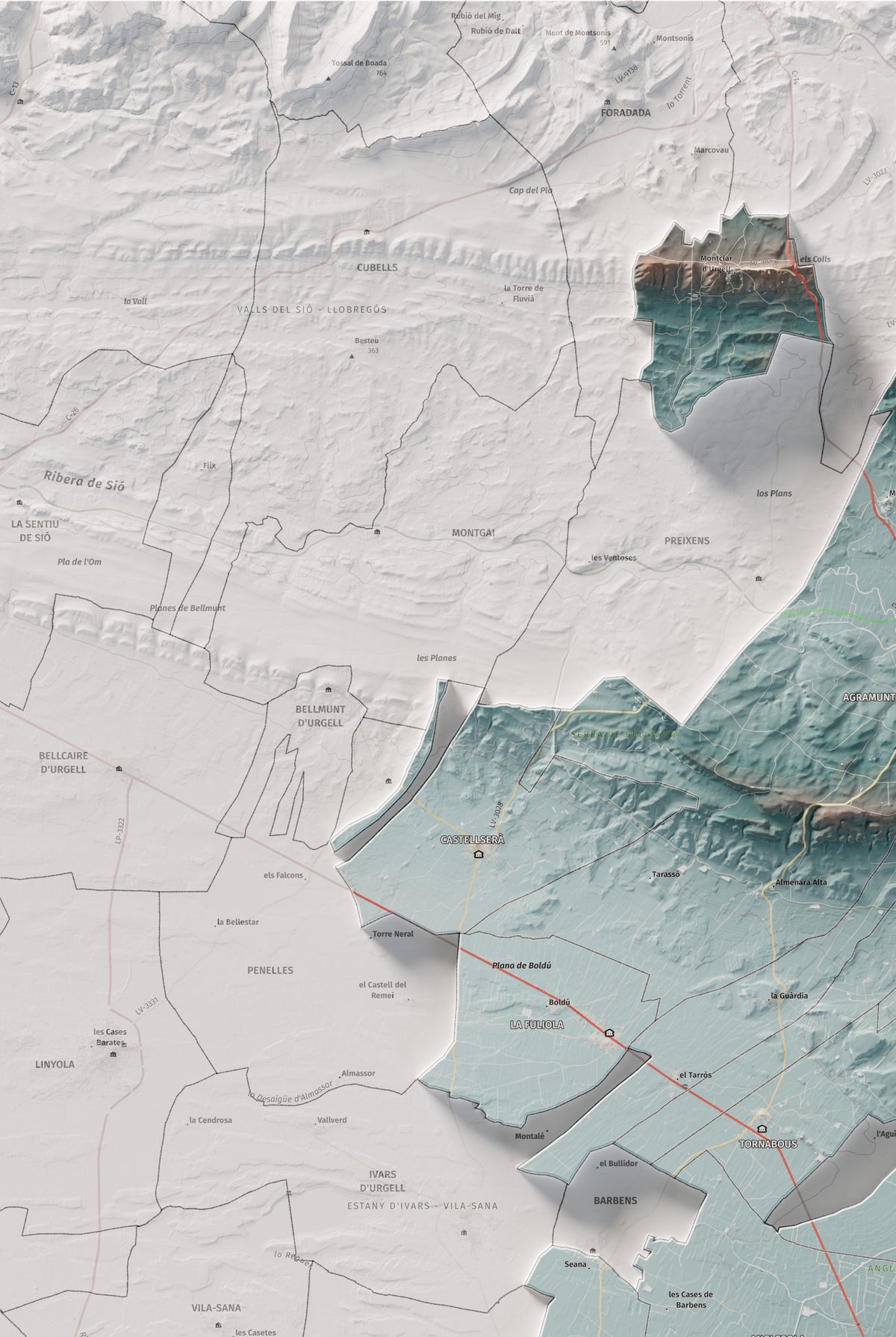 Mapa de relleu de l’Urgell, amb el territori en color i l’entorn en blanc. Detall de la part superior esquerra. 61 × 91 cm. Estil Blau i taronja.