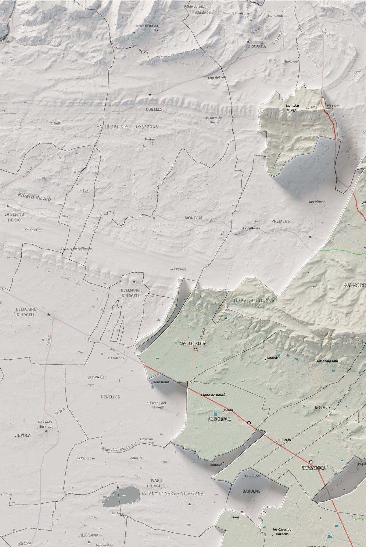 Mapa de relleu de l’Urgell, amb el territori en color i l’entorn en blanc. Detall de la part superior esquerra. 61 × 91 cm. Estil Cartogràfic.