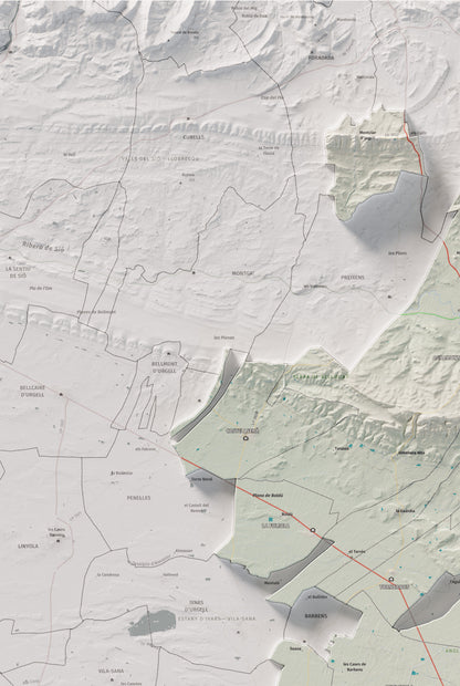 Mapa de relleu de l’Urgell, amb el territori en color i l’entorn en blanc. Detall de la part superior esquerra. 61 × 91 cm. Estil Cartogràfic.