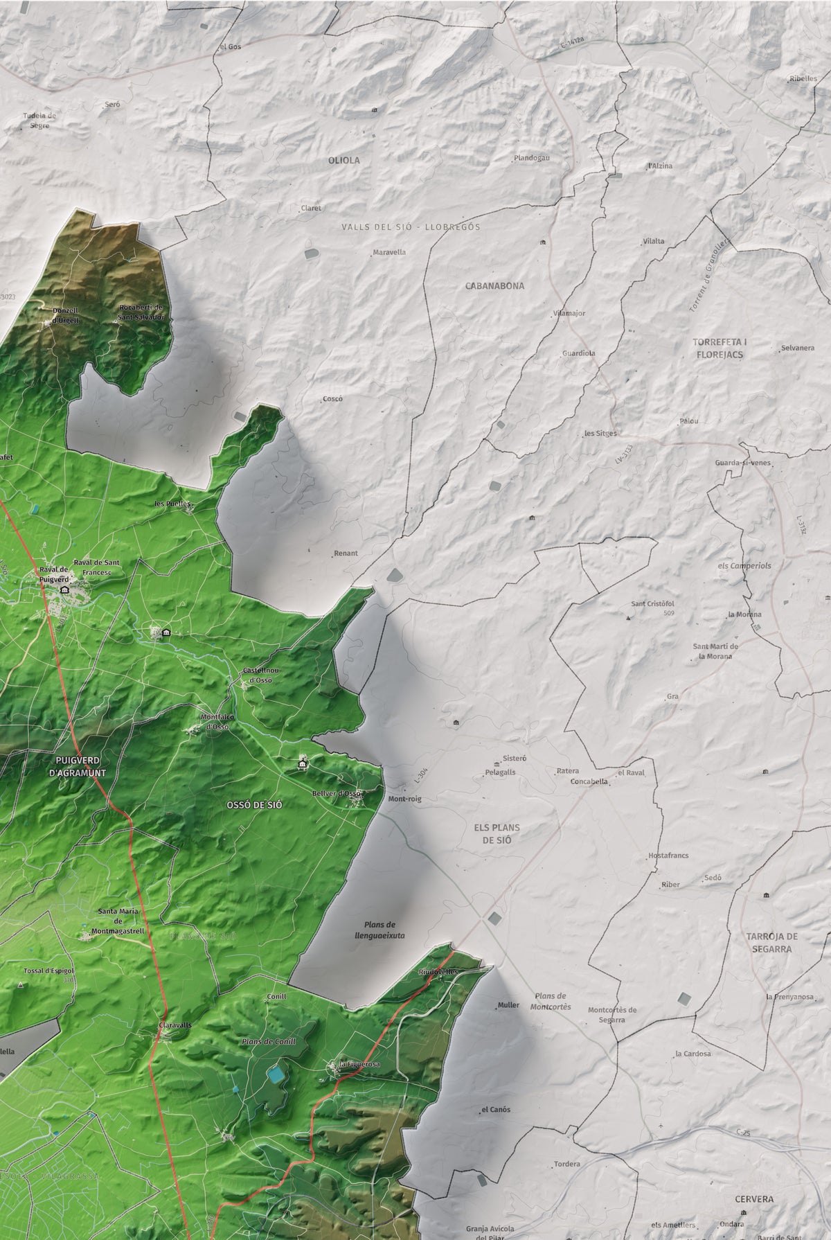 Mapa de relleu de l’Urgell, amb el territori en color i l’entorn en blanc. Detall de la part superior dreta. 61 × 91 cm. Estil Clàssic.