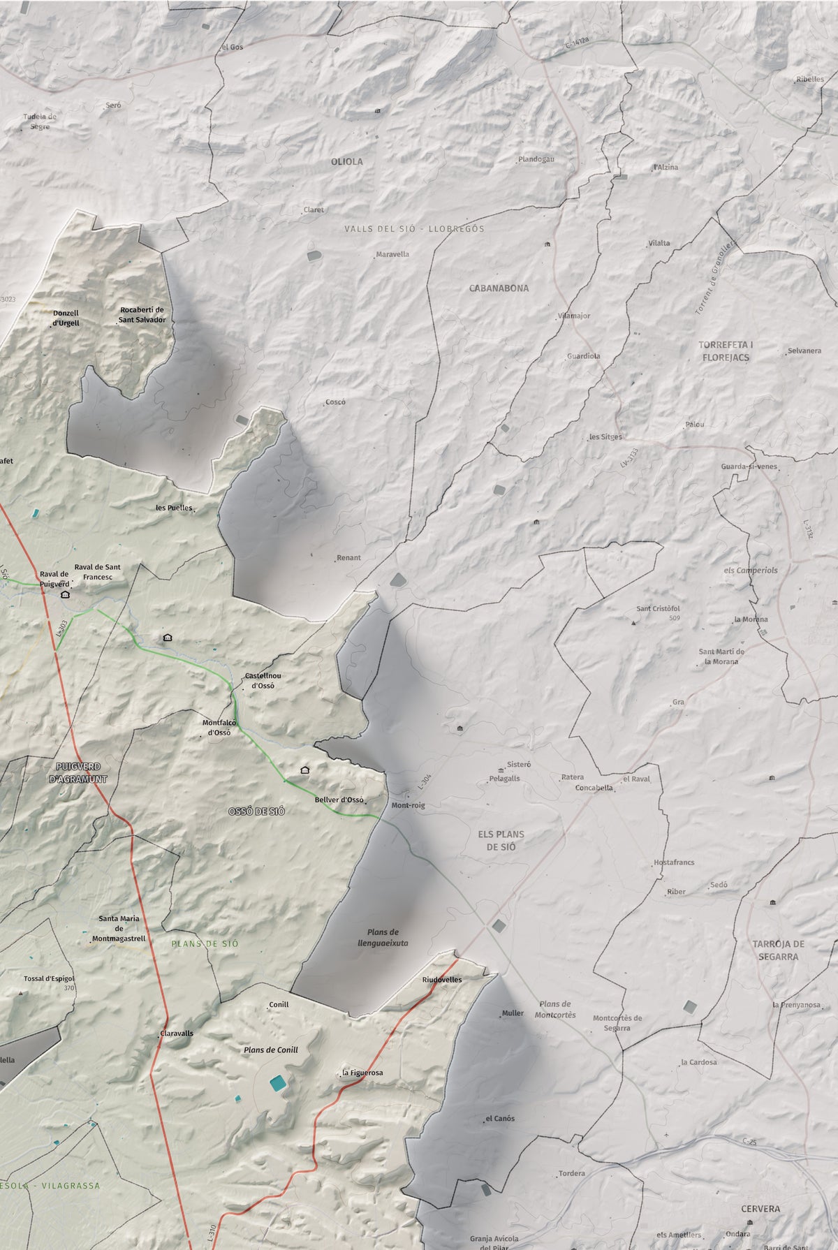 Mapa de relleu de l’Urgell, amb el territori en color i l’entorn en blanc. Detall de la part superior dreta. 61 × 91 cm. Estil Cartogràfic.