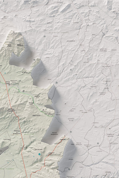 Mapa de relleu de l’Urgell, amb el territori en color i l’entorn en blanc. Detall de la part superior dreta. 61 × 91 cm. Estil Cartogràfic.