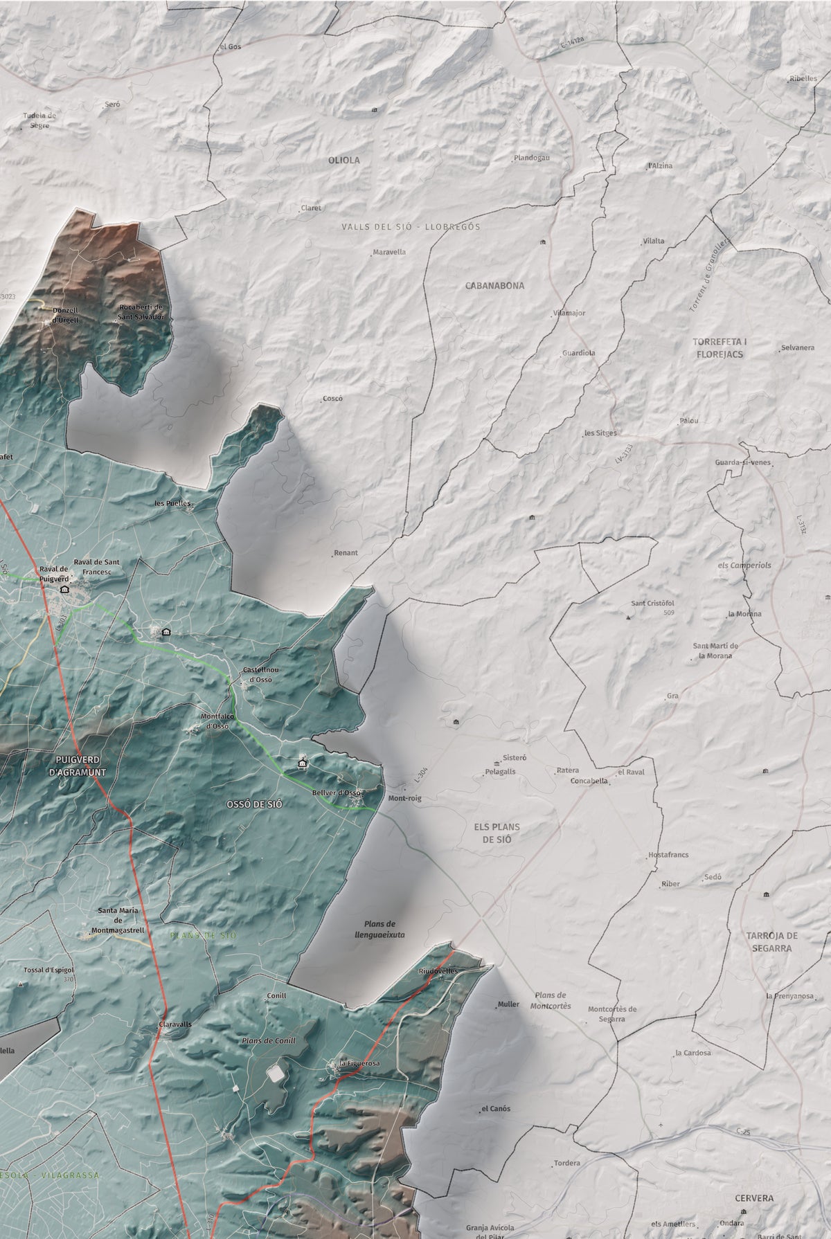 Mapa de relleu de l’Urgell, amb el territori en color i l’entorn en blanc. Detall de la part superior dreta. 61 × 91 cm. Estil Blau i taronja.