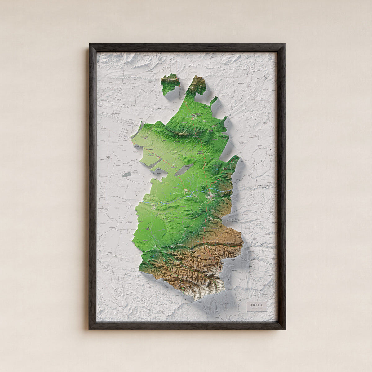 Mapa de relleu de l’Urgell, amb el territori en color i l’entorn en blanc. Presentació amb marc. 61 × 91 cm. Estil Clàssic.