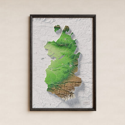 Mapa de relleu de l’Urgell, amb el territori en color i l’entorn en blanc. Presentació amb marc. 61 × 91 cm. Estil Clàssic.