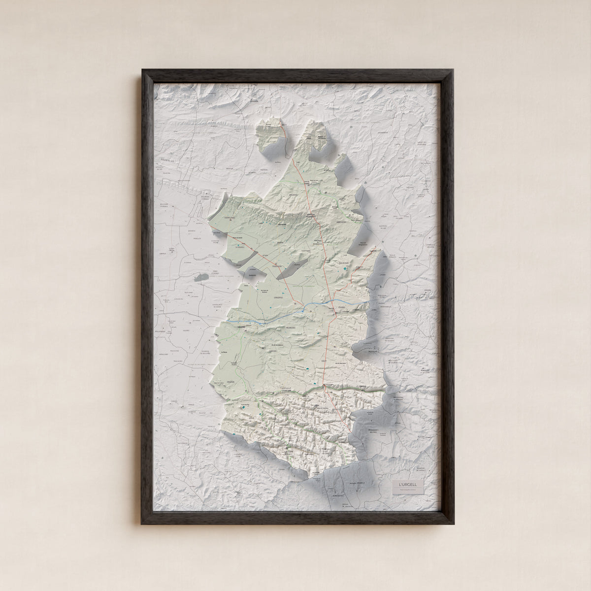 Mapa de relleu de l’Urgell, amb el territori en color i l’entorn en blanc. Presentació amb marc. 61 × 91 cm. Estil Cartogràfic.