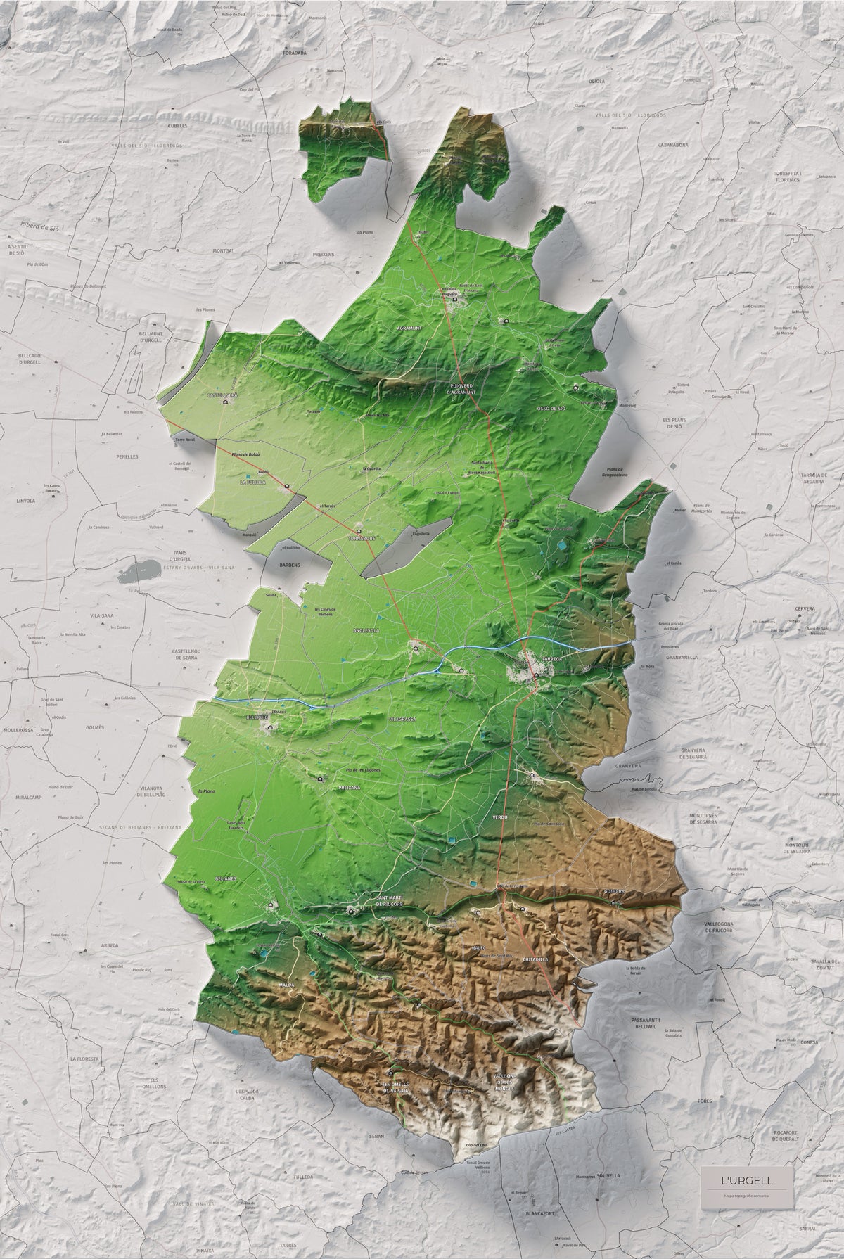 Mapa de relleu de l’Urgell, amb el territori en color i l’entorn en blanc. Vista completa de la làmina. 61 × 91 cm. Estil Clàssic.