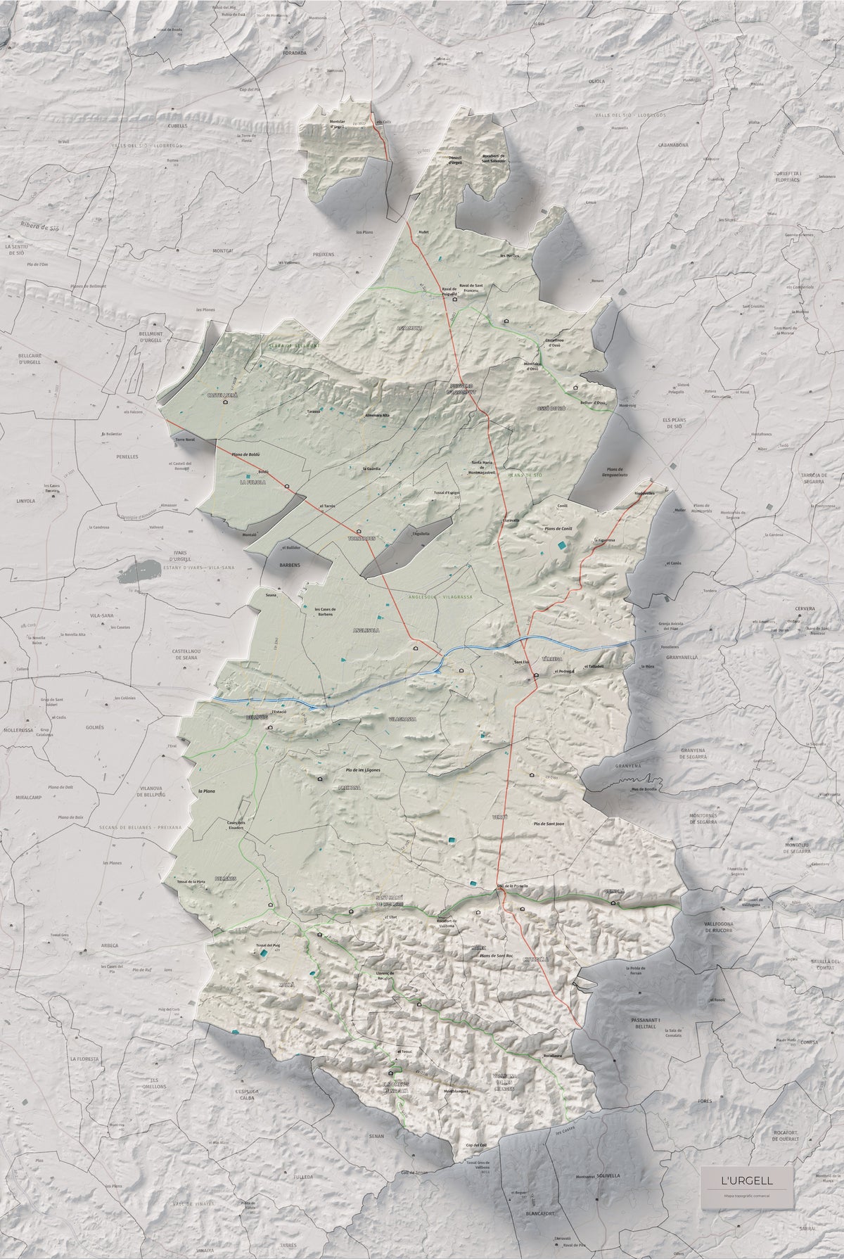 Mapa de relleu de l’Urgell, amb el territori en color i l’entorn en blanc. Vista completa de la làmina. 61 × 91 cm. Estil Cartogràfic.