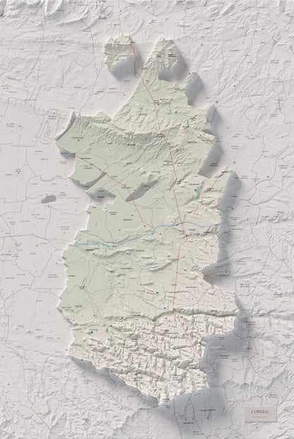 Mapa de relleu de l’Urgell, amb el territori en color i l’entorn en blanc. Vista completa de la làmina. 61 × 91 cm. Estil Cartogràfic.