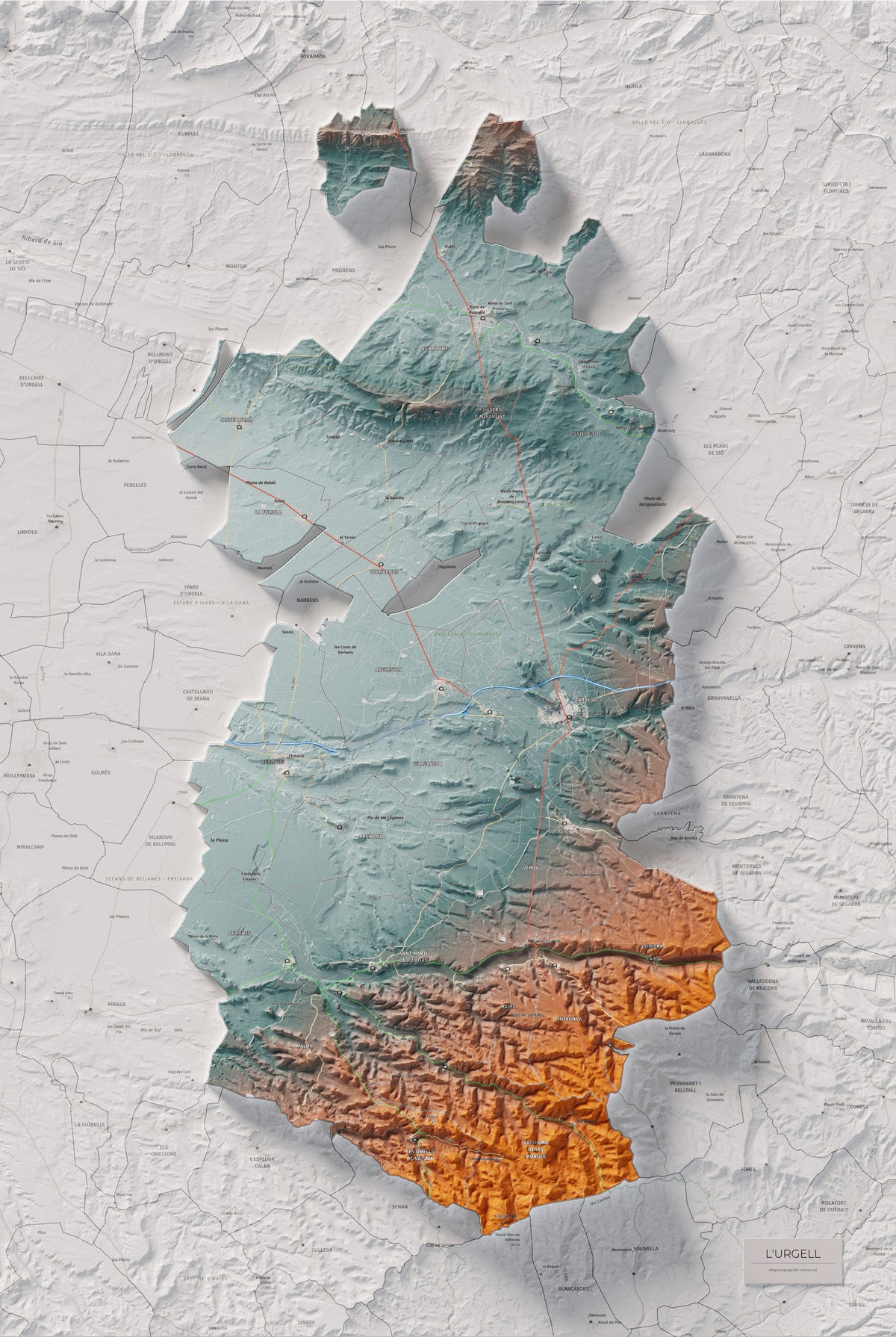 Mapa de relleu de l’Urgell, amb el territori en color i l’entorn en blanc. Vista completa de la làmina. 61 × 91 cm. Estil Blau i taronja.