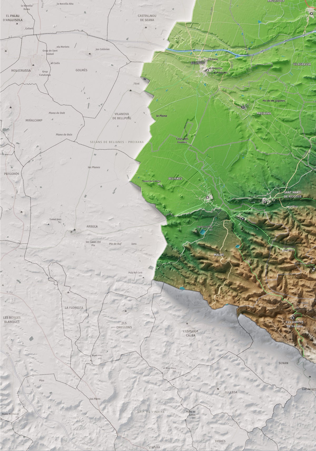 Mapa de relleu de l’Urgell, amb el territori en color i l’entorn en blanc. Detall de la part inferior esquerra. 70 × 100 cm. Estil Clàssic.