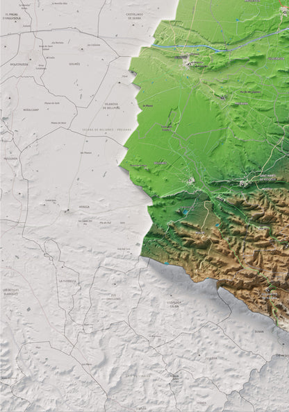 Mapa de relleu de l’Urgell, amb el territori en color i l’entorn en blanc. Detall de la part inferior esquerra. 70 × 100 cm. Estil Clàssic.