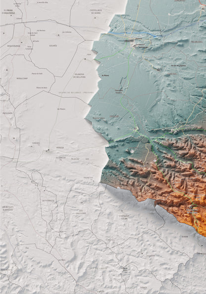 Mapa de relleu de l’Urgell, amb el territori en color i l’entorn en blanc. Detall de la part inferior esquerra. 70 × 100 cm. Estil Blau i taronja.