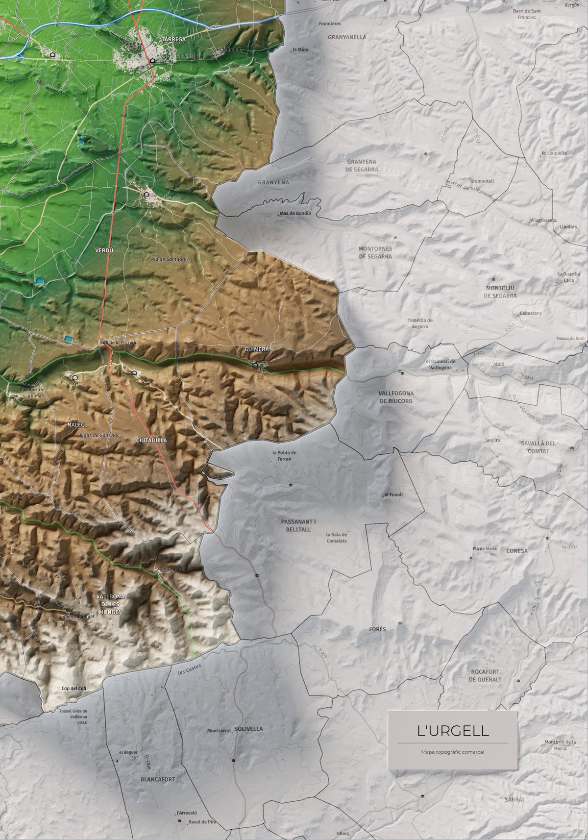 Mapa de relleu de l’Urgell, amb el territori en color i l’entorn en blanc. Detall de la part inferior dreta. 70 × 100 cm. Estil Clàssic.