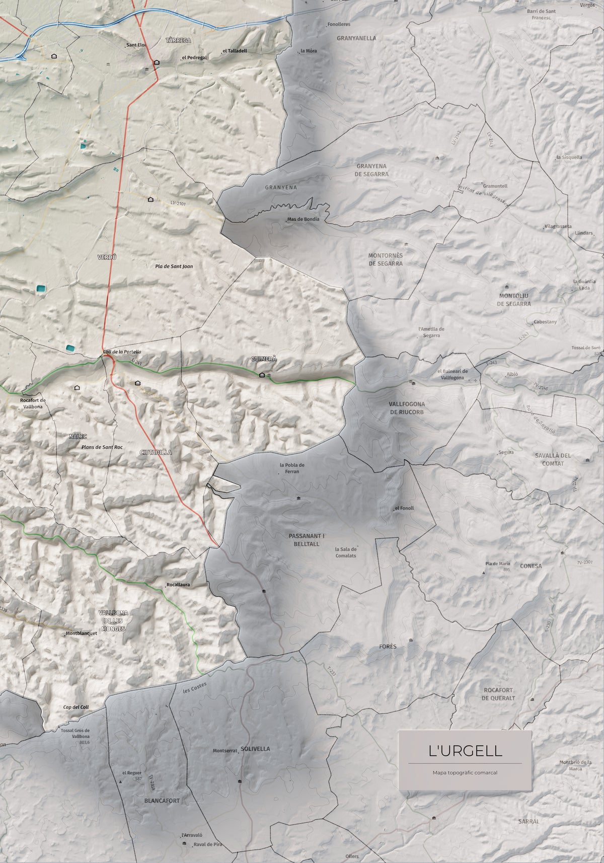 Mapa de relleu de l’Urgell, amb el territori en color i l’entorn en blanc. Detall de la part inferior dreta. 70 × 100 cm. Estil Cartogràfic.