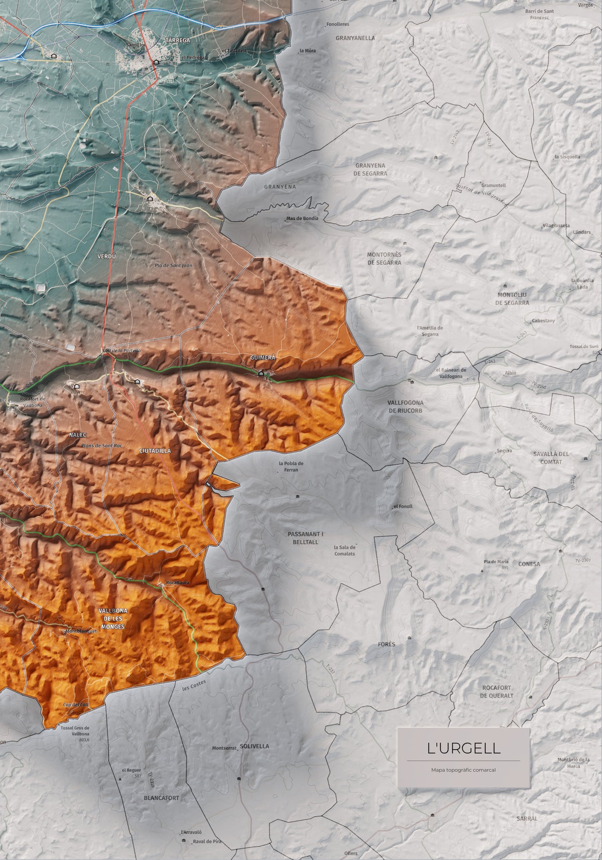 Mapa de relleu de l’Urgell, amb el territori en color i l’entorn en blanc. Detall de la part inferior dreta. 70 × 100 cm. Estil Blau i taronja.