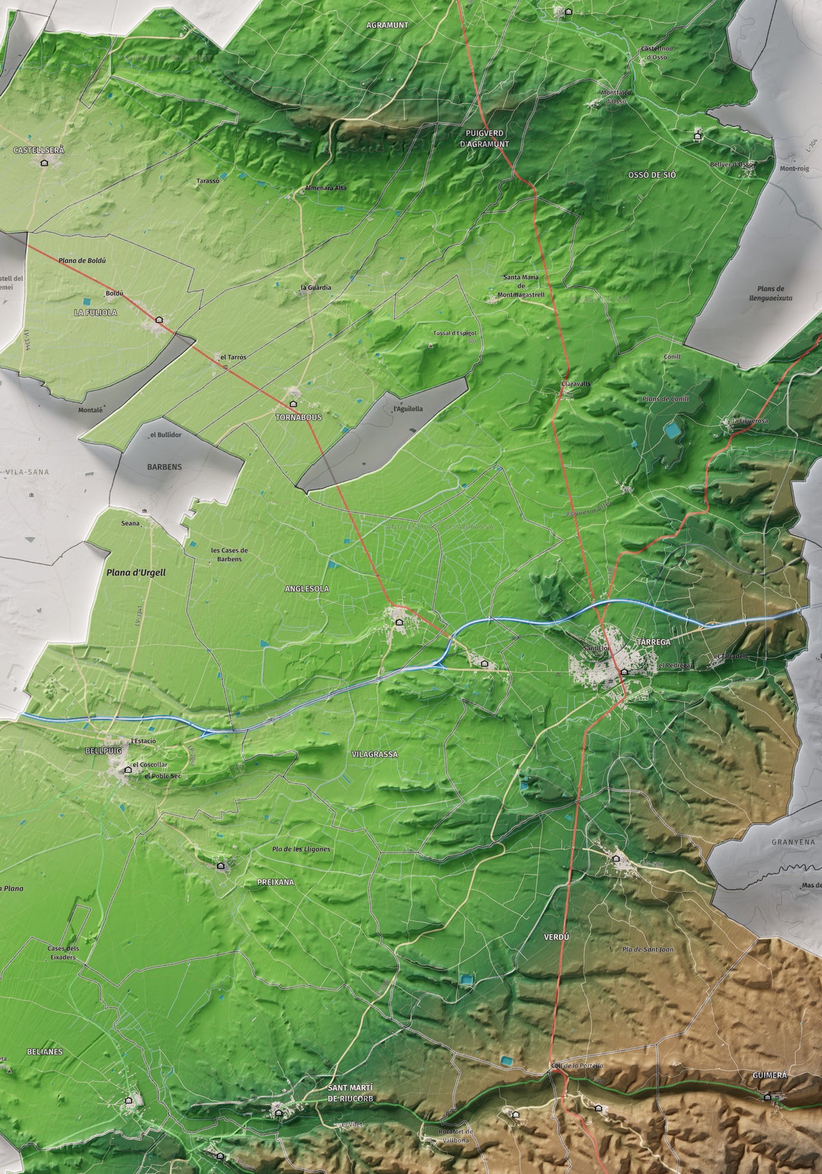 Mapa de relleu de l’Urgell, amb el territori en color i l’entorn en blanc. Detall de la part central. 70 × 100 cm. Estil Clàssic.