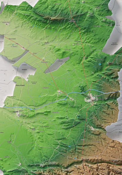 Mapa de relleu de l’Urgell, amb el territori en color i l’entorn en blanc. Detall de la part central. 70 × 100 cm. Estil Clàssic.