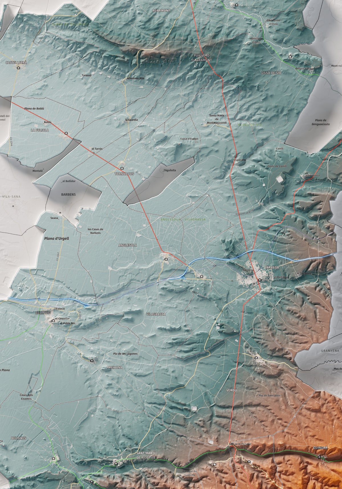 Mapa de relleu de l’Urgell, amb el territori en color i l’entorn en blanc. Detall de la part central. 70 × 100 cm. Estil Blau i taronja.