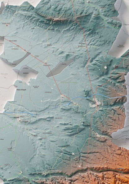 Mapa de relleu de l’Urgell, amb el territori en color i l’entorn en blanc. Detall de la part central. 70 × 100 cm. Estil Blau i taronja.
