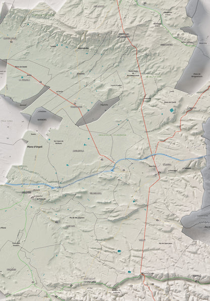 Mapa de relleu de l’Urgell, amb el territori en color i l’entorn en blanc. Detall de la part central. 70 × 100 cm. Estil Cartogràfic.