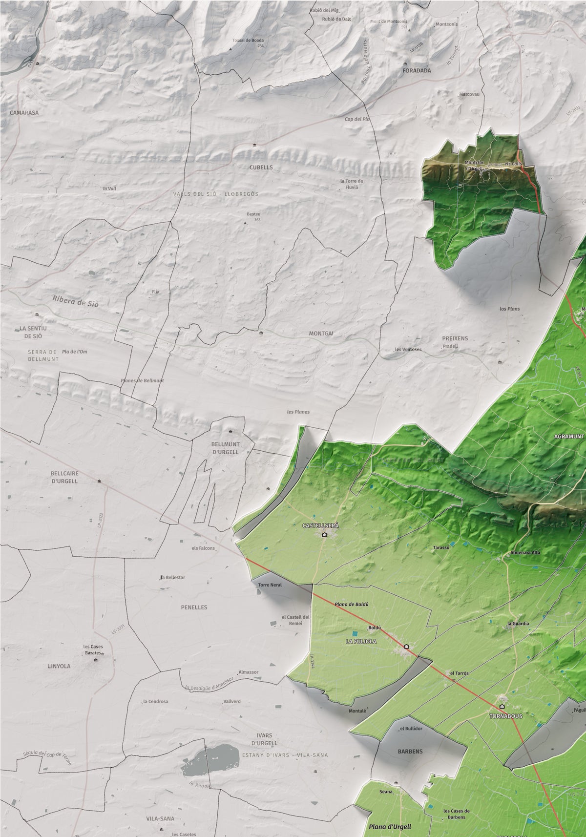 Mapa de relleu de l’Urgell, amb el territori en color i l’entorn en blanc. Detall de la part superior esquerra. 70 × 100 cm. Estil Clàssic.