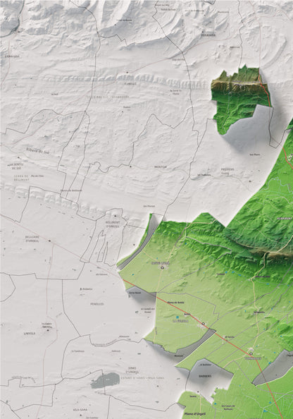 Mapa de relleu de l’Urgell, amb el territori en color i l’entorn en blanc. Detall de la part superior esquerra. 70 × 100 cm. Estil Clàssic.