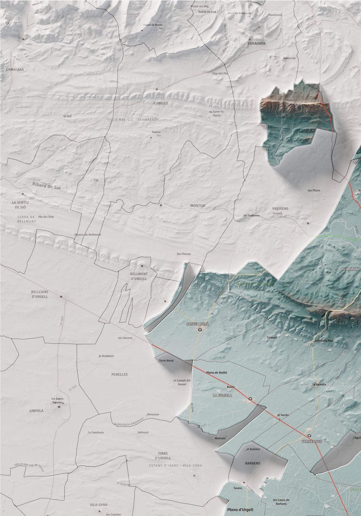 Mapa de relleu de l’Urgell, amb el territori en color i l’entorn en blanc. Detall de la part superior esquerra. 70 × 100 cm. Estil Blau i taronja.