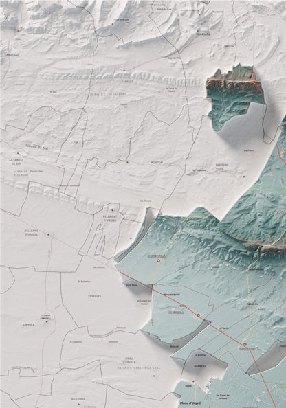 Mapa de relleu de l’Urgell, amb el territori en color i l’entorn en blanc. Detall de la part superior esquerra. 70 × 100 cm. Estil Blau i taronja.